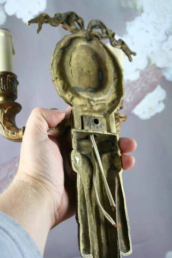 PAIR French Brass regency Bow sconces double arm 1930's wall lights