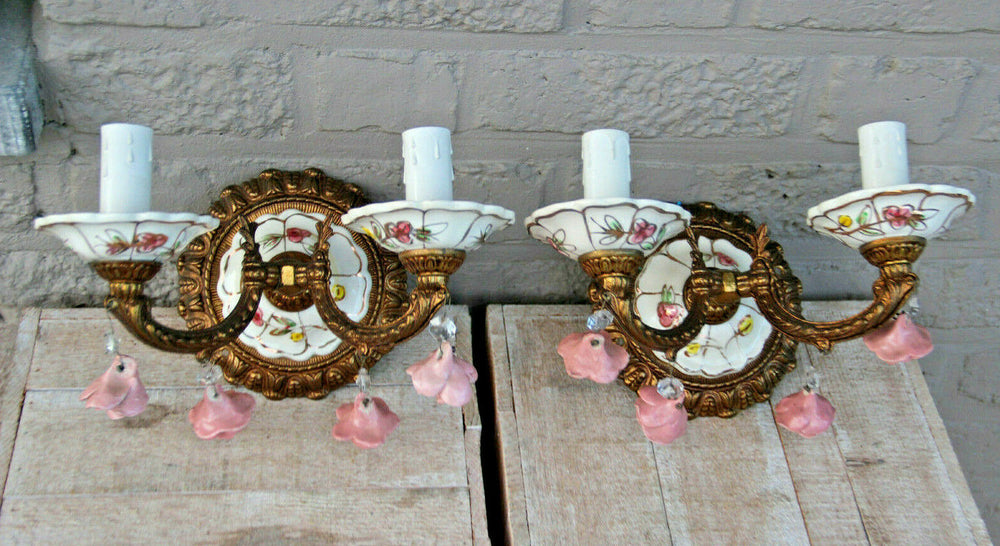 PAIR vintage French porcelain faience Wall lights sconces rose flowers