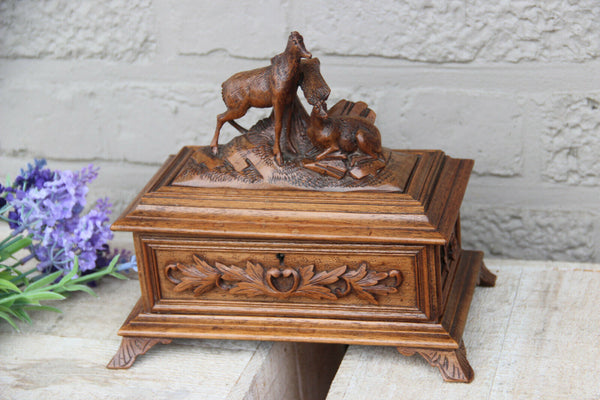 Antique Black forest Swiss wood carved box jewelry trinket 19th c deer animal