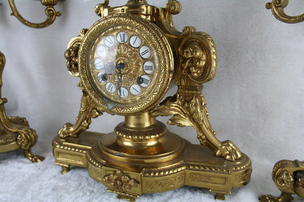 French Vintage Bronze clock candelabras eagle / lion paw unusual set FHS movemen