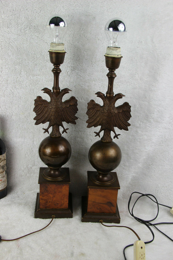 Mid century PAIR empire double eagle bronze metal wood lamps 1960