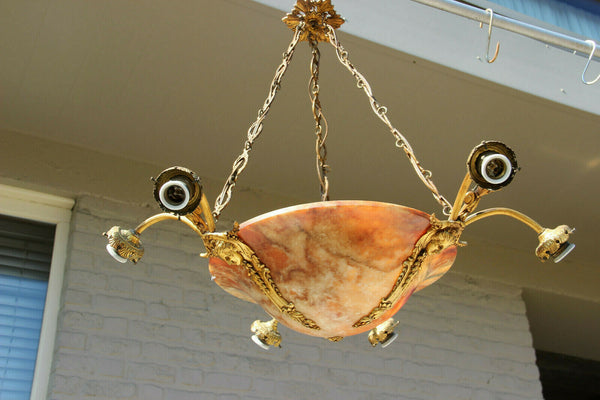 Antique French alabaster amber bowl Caryatid bronze portrait head chandelier