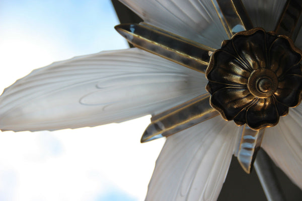 French art deco 6 Glass frost Shells brass metal Chandelier pendant