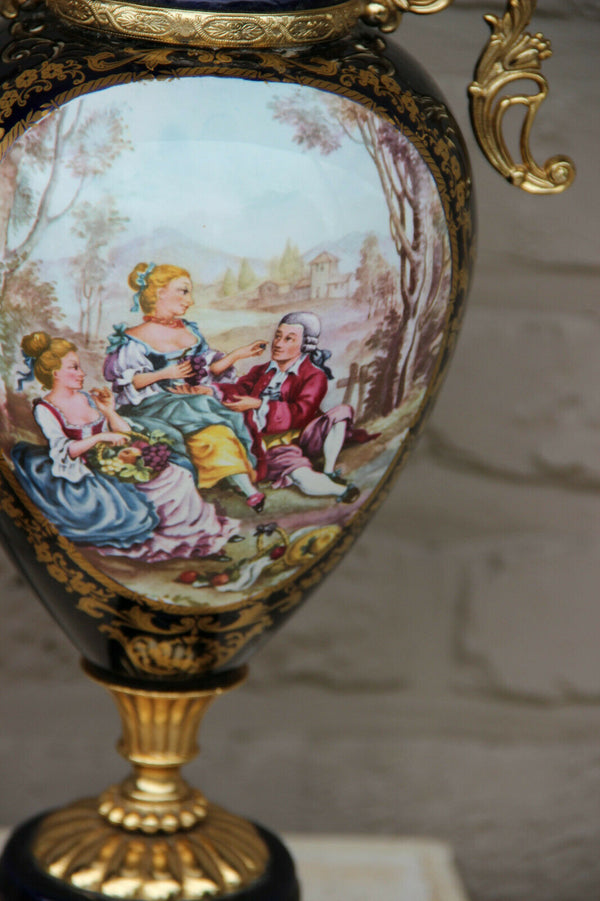 PAIR Cobalt blue porcelain Vases victorian romantic scenes marked 1960