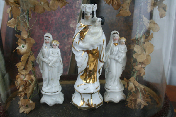 Gorgeous Vieux PARIS porcelain Madonna figurines Dome glass Set flowers silk