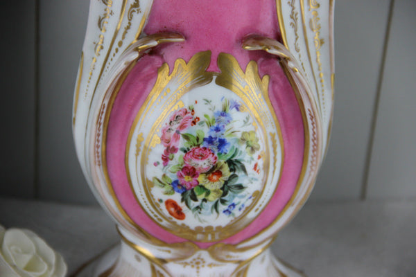 PAIR French antique 1900 Vieux paris top porcelain Vases hand paint floral decor