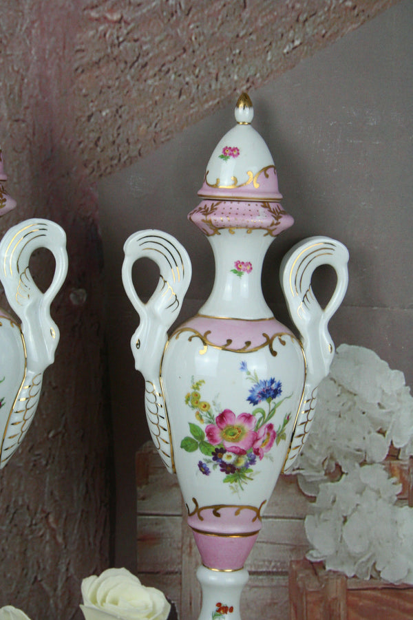 Exclusive PAIR French porcelain vases Swan handles marked floral pink limoges