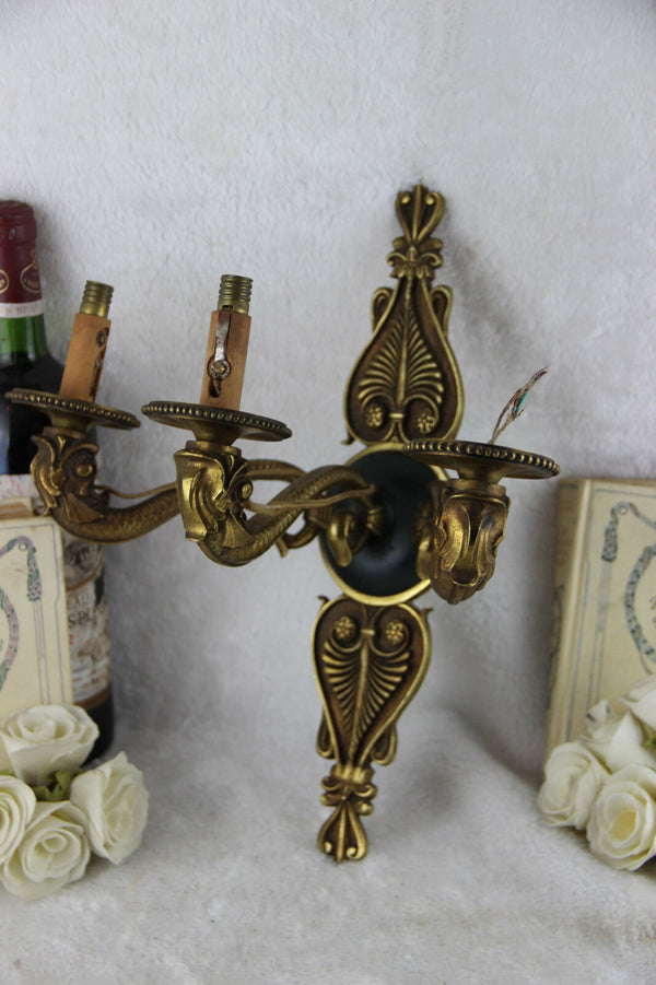 LArge  Antique french Empire Fish dolphin 3 arms wall light sconce 1930