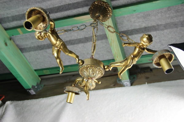 French Angel putti cherubs 3 arms chandelier pendant bronze 1960