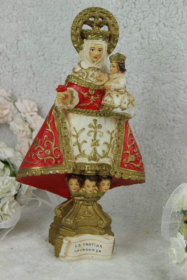 Rare Antique French chalkware MAdonna statue de COVADONGA Spanish putti angels