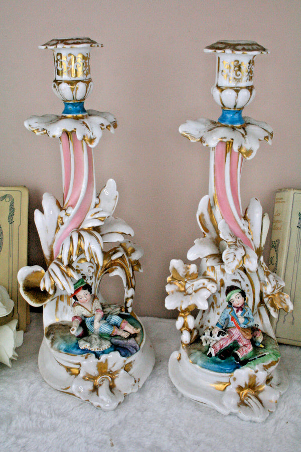 Antique Pair  French  porcelain hunt dog vases candle holder attr. jacob petit