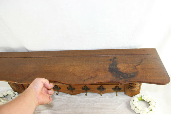 Antique Flemish wood oak carved coat rack wall putti heads 1930