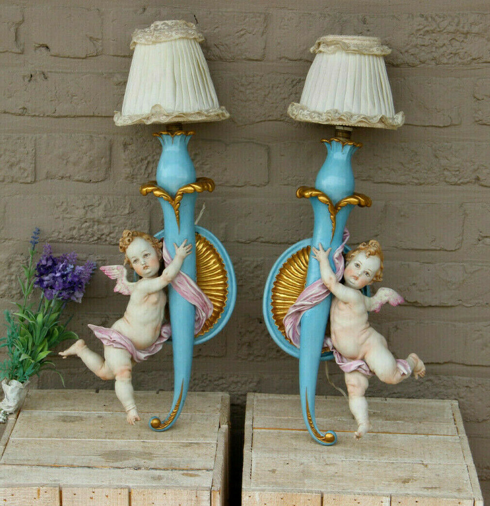 PAIR antique  capodimonte porcelain marked putti angel Sconces wall lights rare