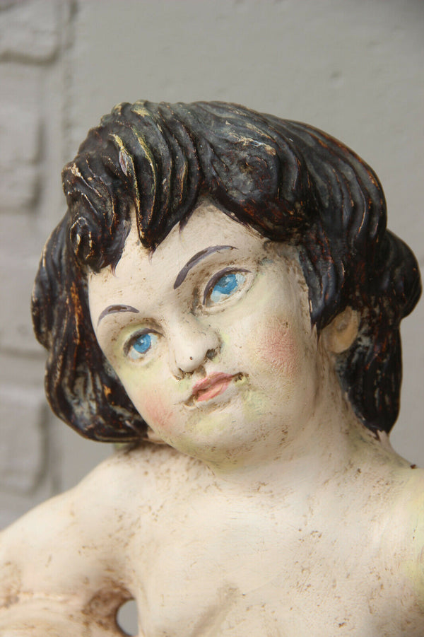 XXL Antique Italian church wood carved  putti angel holy water font statue