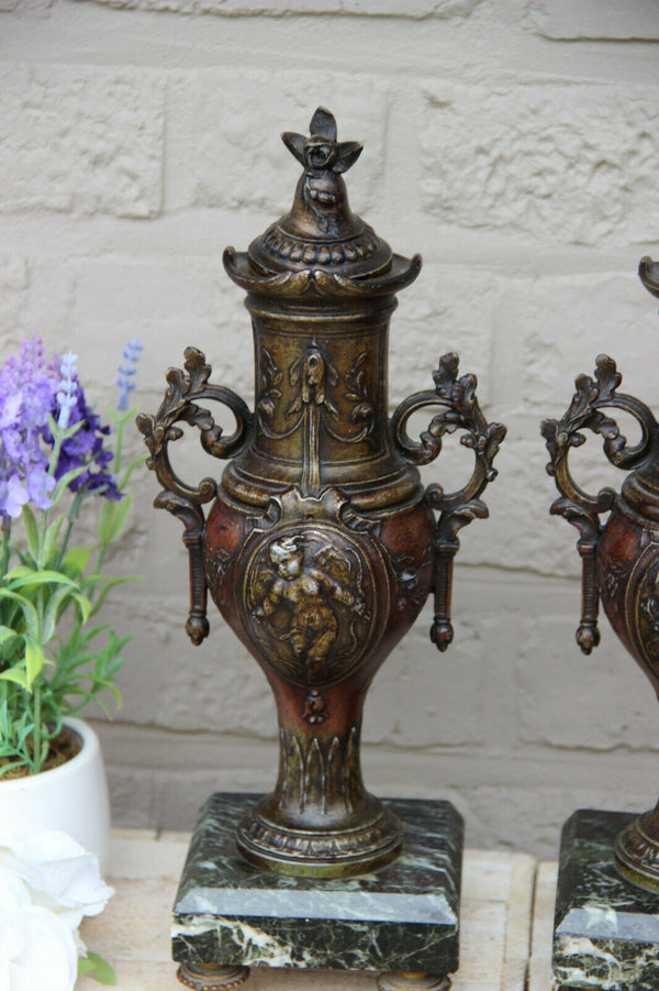 PAIR antique spelter bronze putti angel romantic Marble base Vases urn
