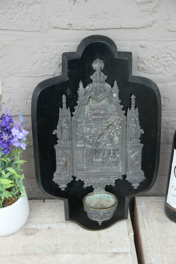 Large Antique neo gothic religious holy water font saints madonna on wood plaque