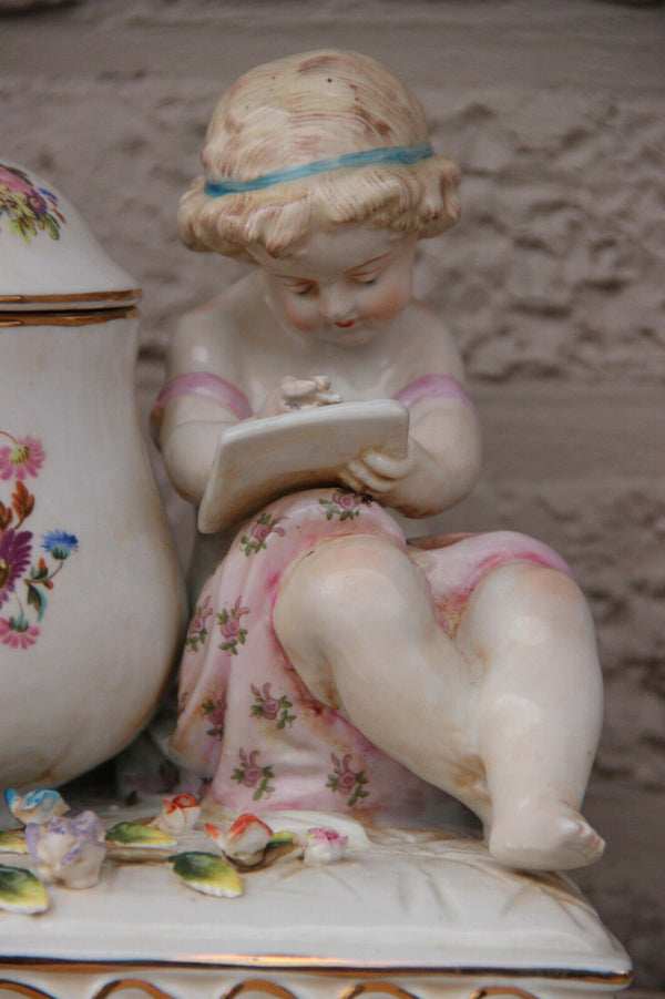 LARGE german porcelain putti figurine Centerpiece lidded Statue box floral decor