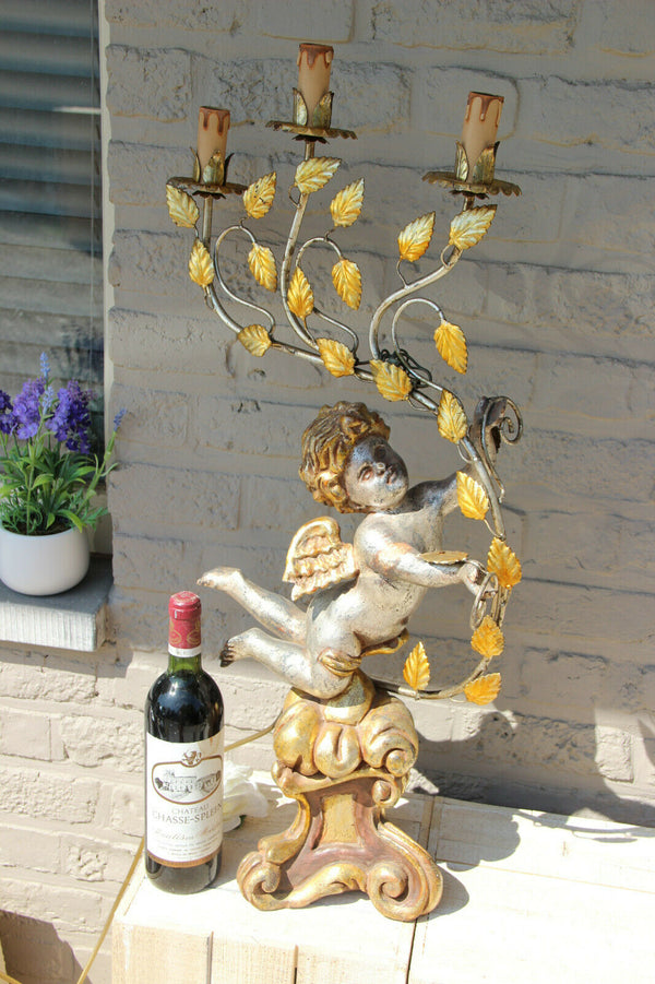 Vintage italian wood carved polychrome Angel putti lamp