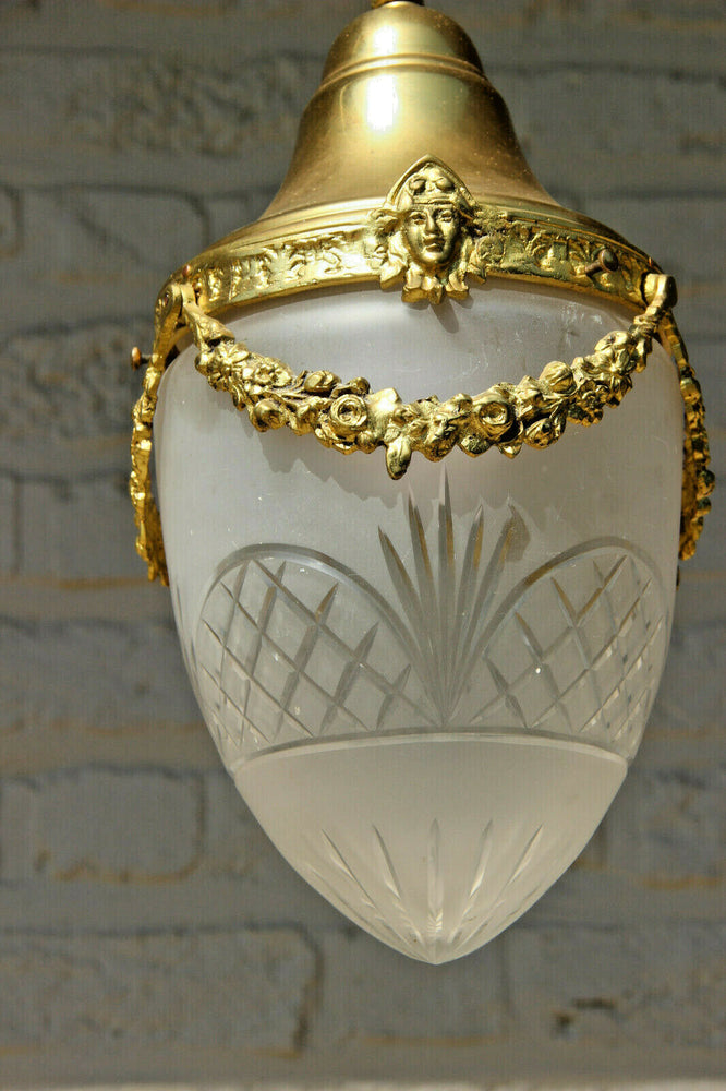 Antique French Brass Crystal Lantern entrance hall chandelier putti heads