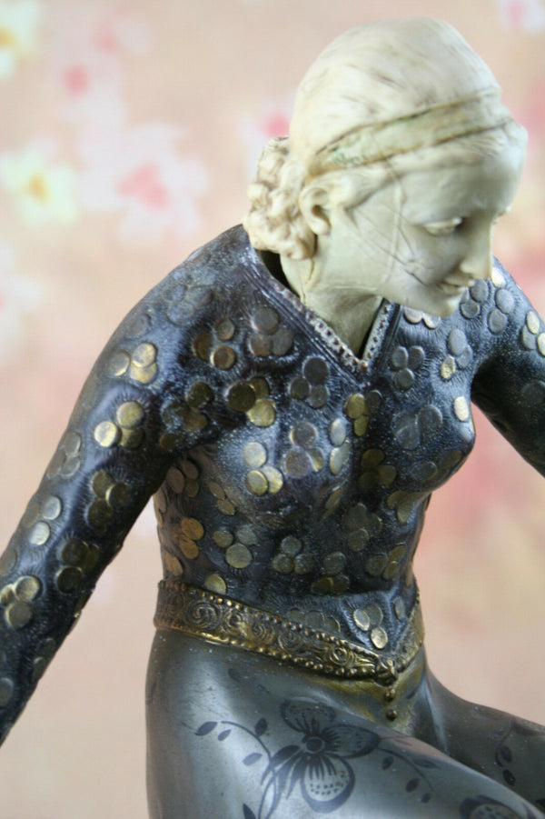 LARGE Heavy ART DECO group lady birds patinated metal / ivorine signed GORI