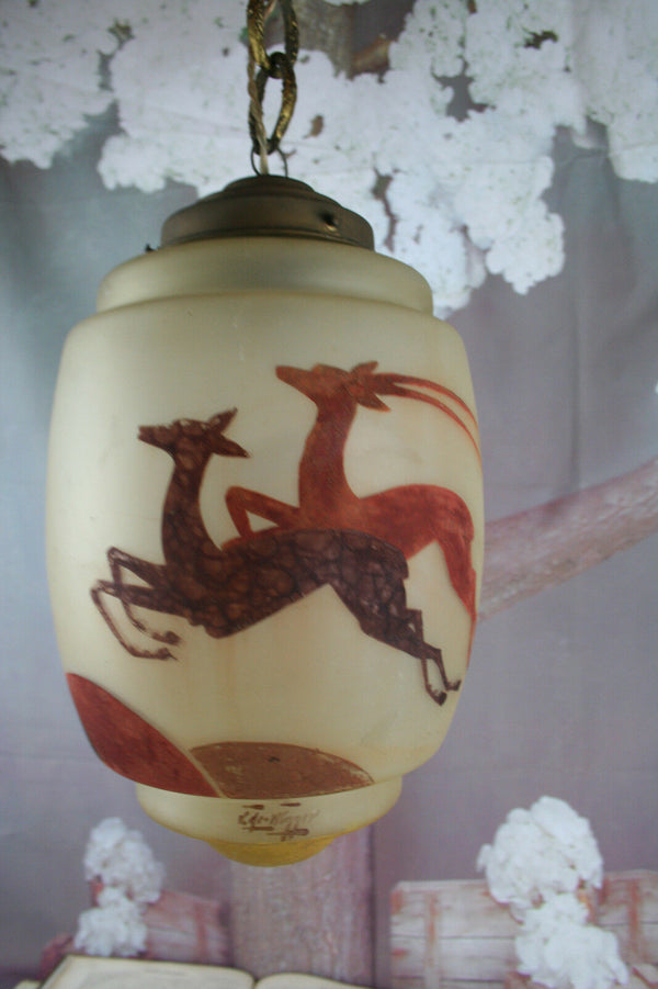 ART DECO Pendant chandelier antilope Deer enameled glass 1930 signed