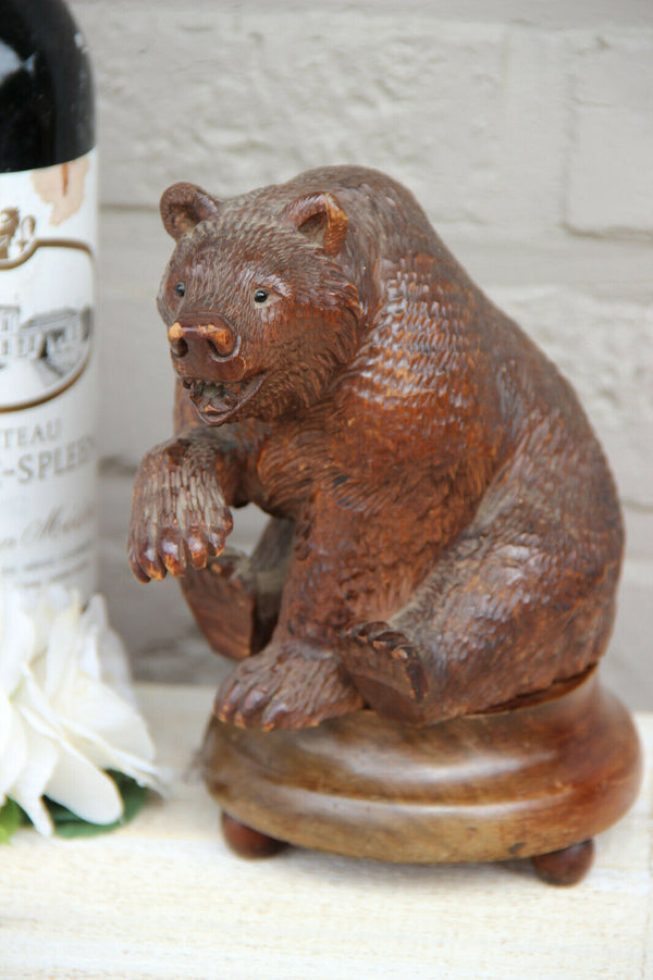 Antique hand Black forest wood carved swiss bear statue REUGE music box