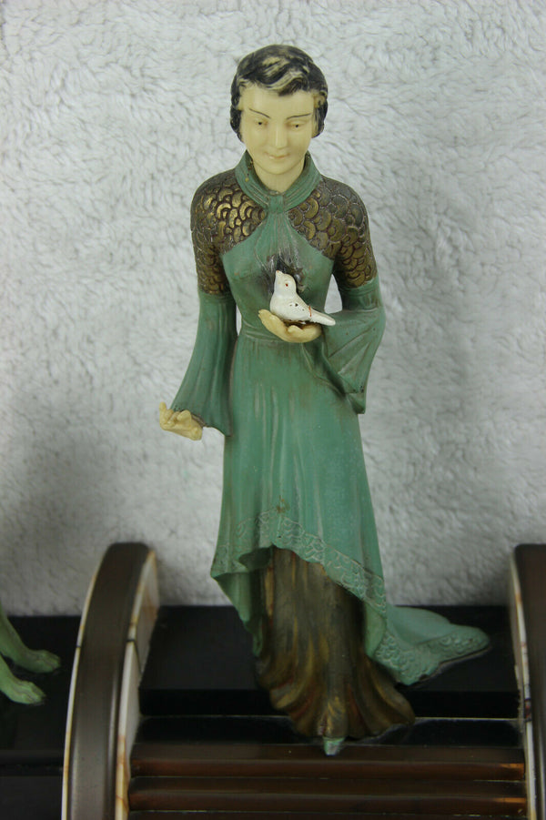 XL antique French art deco 1930 spelter marble lady bird dogs statue signed