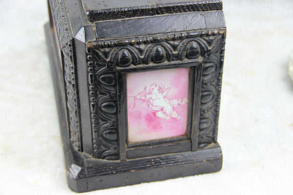 Antique 1879 Wood carved faience hand paint putti romantic cupido Base signed