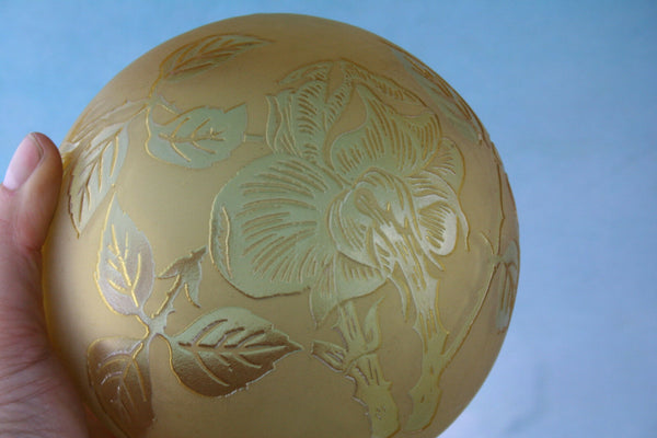 4x ART DECO Chandelier Glass GLOBES Signed DEVEAU amber yellow coloured muller