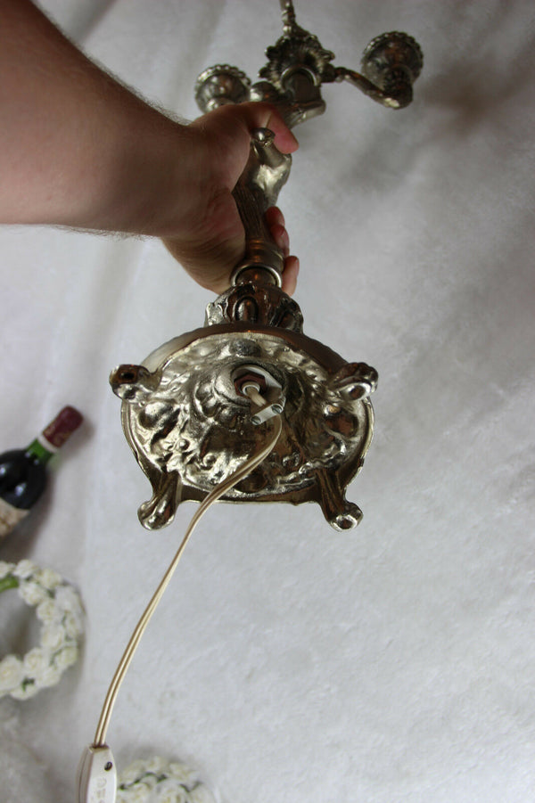 Huge Spelter bronze silver patina art nouveau lady table lamp 3 glass arm putti