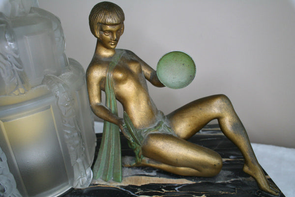 Rare Limousin signed ART Deco 1930 spelter bronze marble base lamp statue music