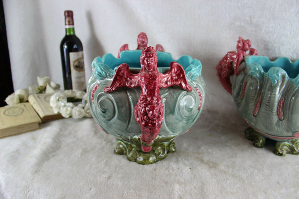 PAIR French art nouveau barbotine majolica Caryatid lion head palnter jardiniere