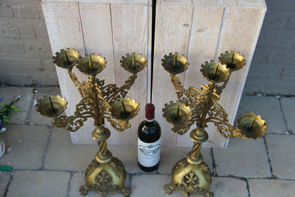 Antique church altar 5 arm neo gothic bronze lion paws candelabras religious