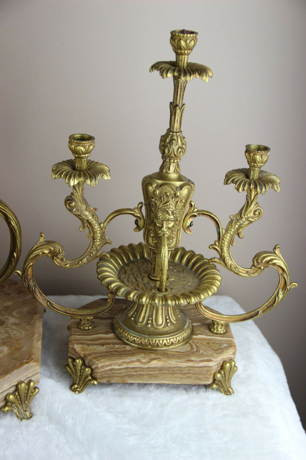 RARE french 1976 marble Lion fountain heads lady dog clock + pair candelabras