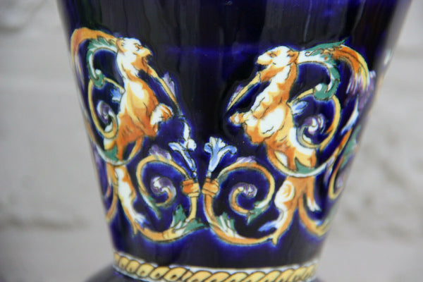 French GIEN marked porcelain mythological faun putti scene Vase