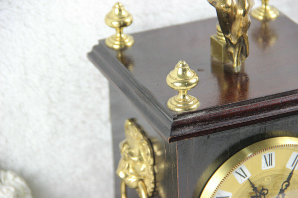 Vintage VANGESTEL Wood carved clock with bronze lady and lion heads 1970s FHS