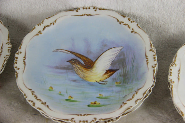 Set 12 French limoges marked porcelain bird pheasant dinner plate signed