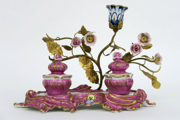 French pink inkwell majolica flowers sevres porcelain marked 1950s