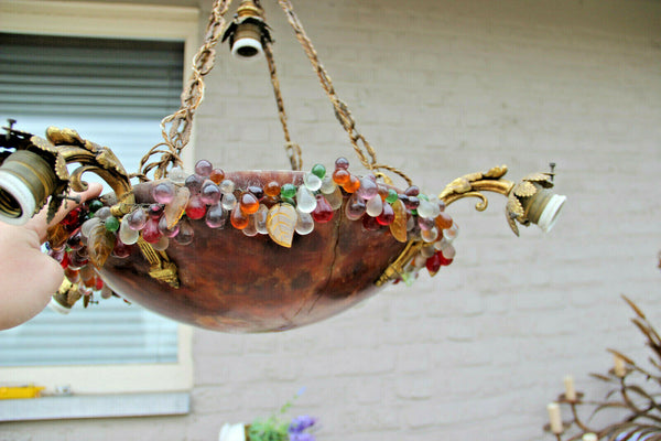 Antique French Chandelier alabaster Amber bowl murano glass grape floral rim