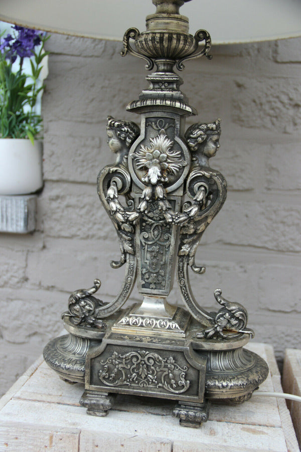 French Vintage bronze silver patina Caryatid angel cherub winged figurines lamp