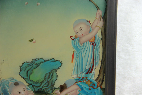 Antique Chinese eglomise reverse oil glass painting children playing signed