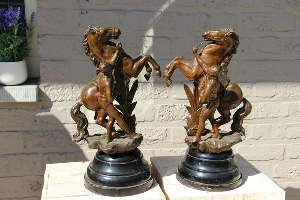 PAIR antique spelter Bronze patina marly horses by Coustou wood base