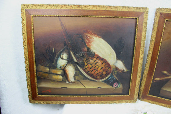 PAIR antique French 19thc Oil canvas Stil life hunting hunt rabbit bird