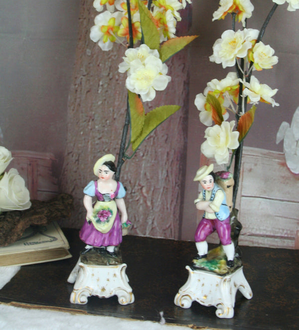 PAIR French antique petit pique fleurs Vases Figurines man&lady porcelain faienc