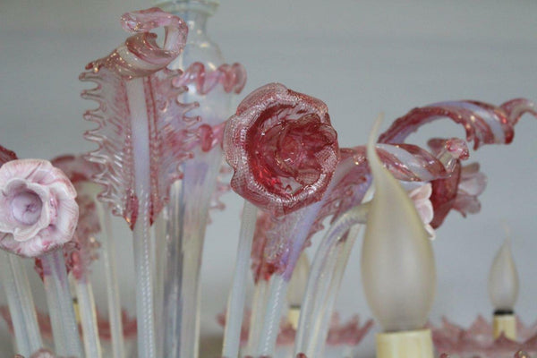 XXL Majestical 12 ARMS murano Venetian pink glass hand blown Chandelier 1960's
