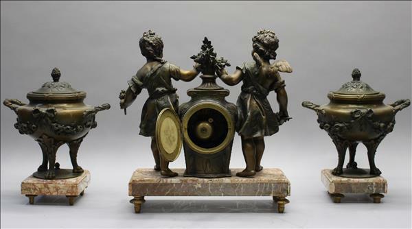 Antique French spelter Bronze clock garniture Vases urns cherubs marked Bruchon