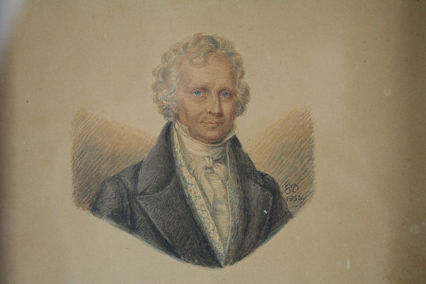 PAIR antique 1834 signed french antique drawing portraits lady man monogrammed