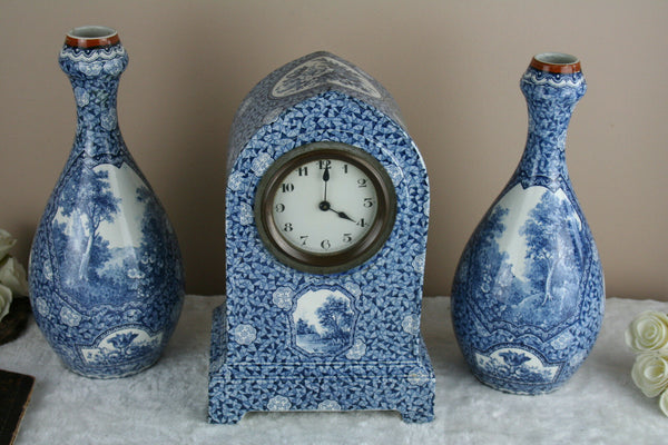 Boch Pottery Clock set Vases Forest Blue white delft decor 1925 marked