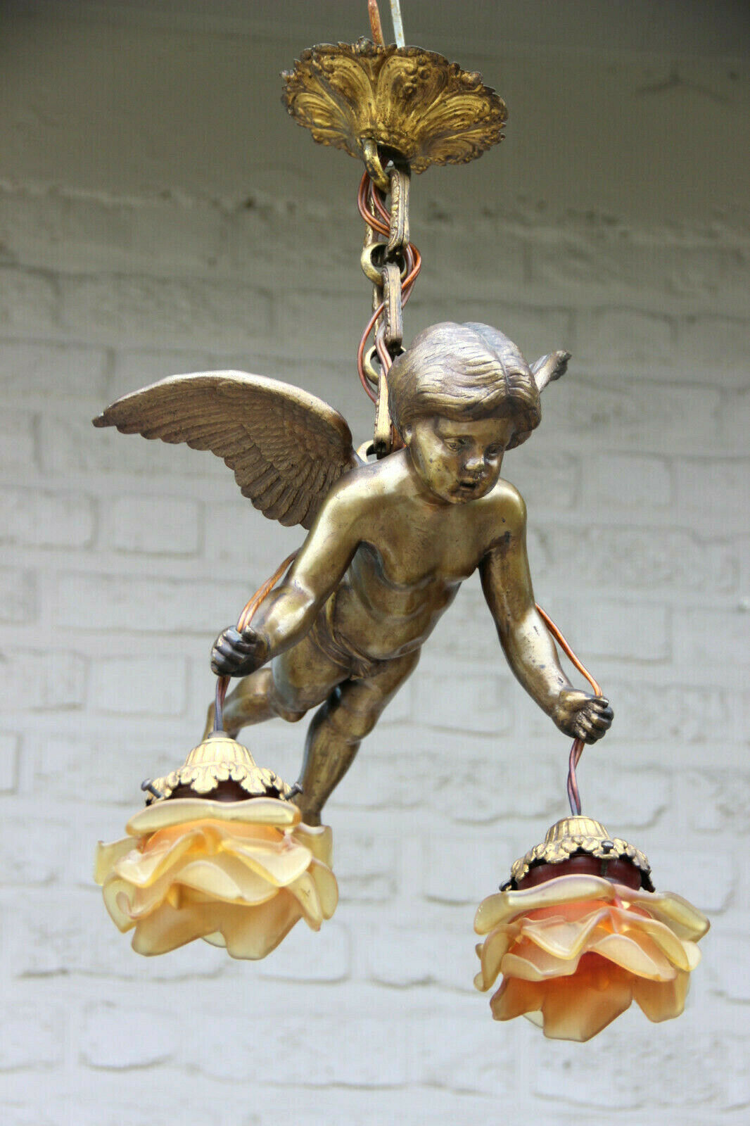 Superb antique parisian heavy bronze putti angel pendant lantern chandelier