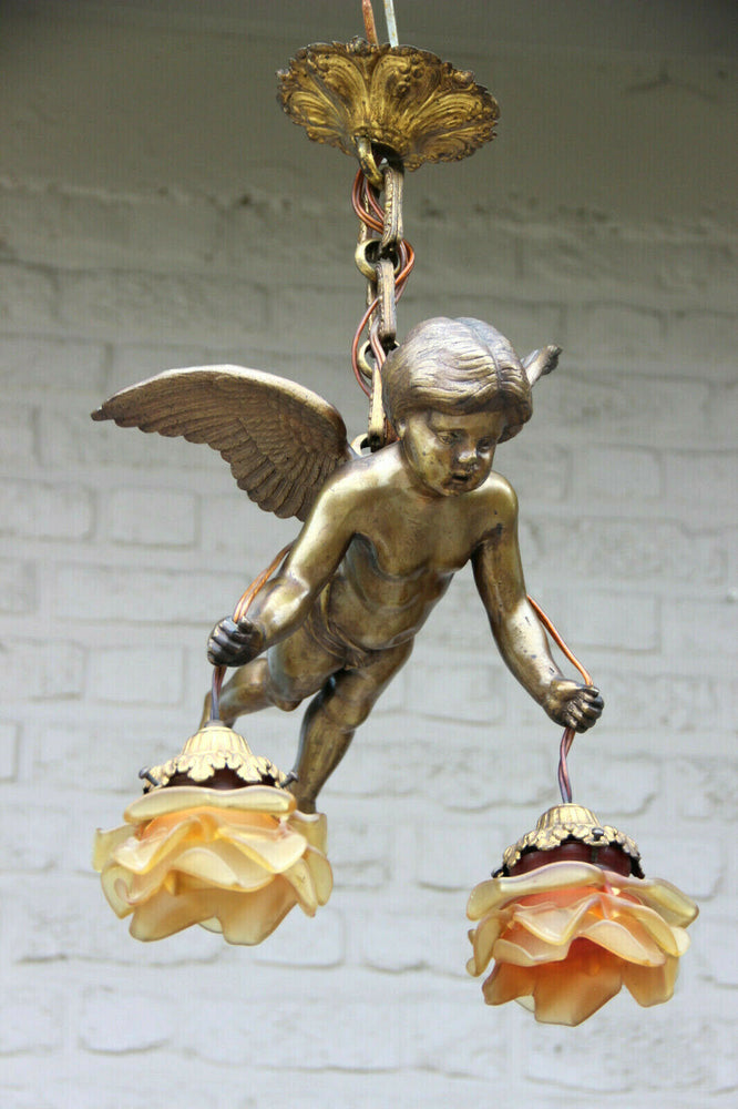 Superb antique parisian heavy bronze putti angel pendant lantern chandelier
